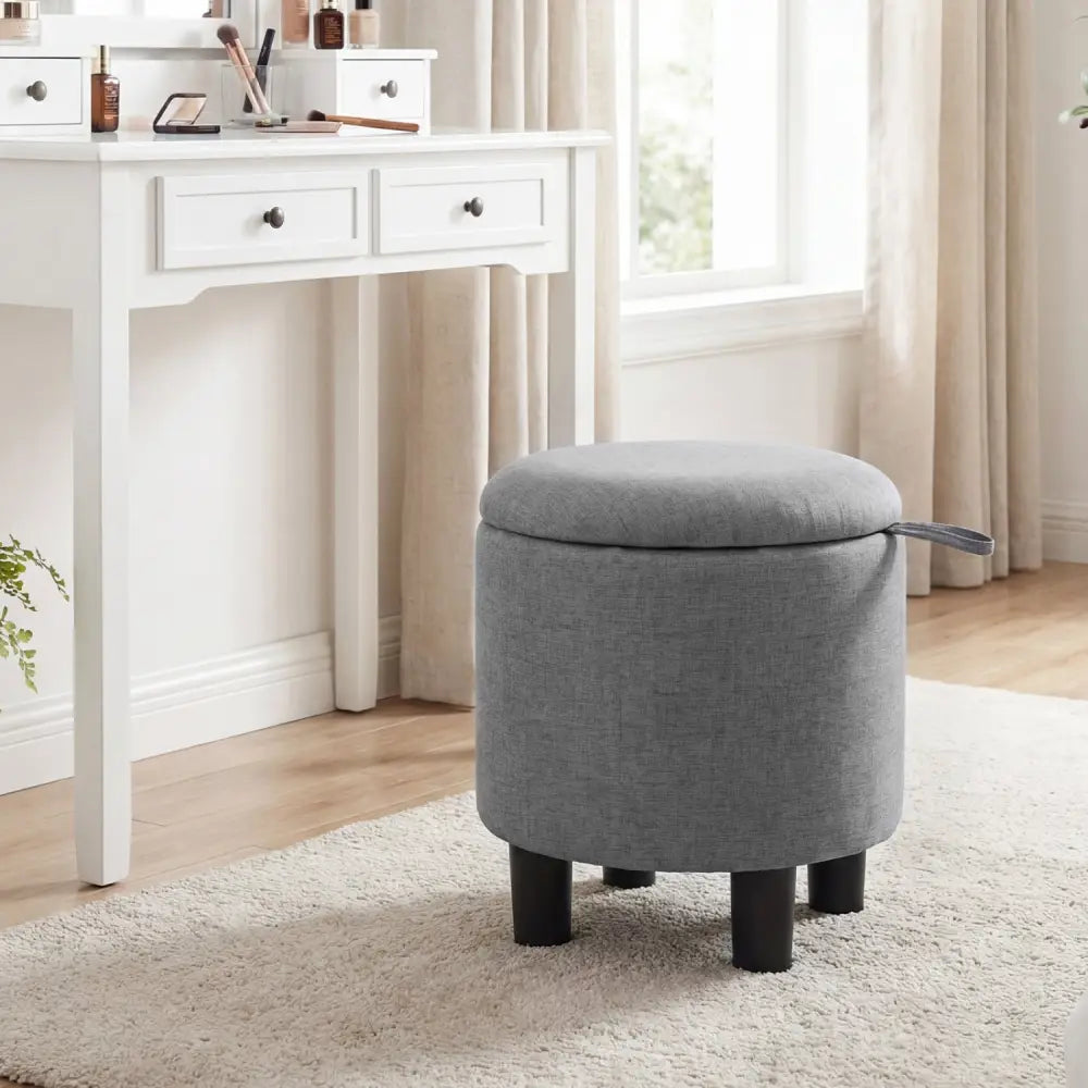Round Storage Ottoman Linen Fabric Upholstered Footrest Stool-Gray - Gray - Ottomans