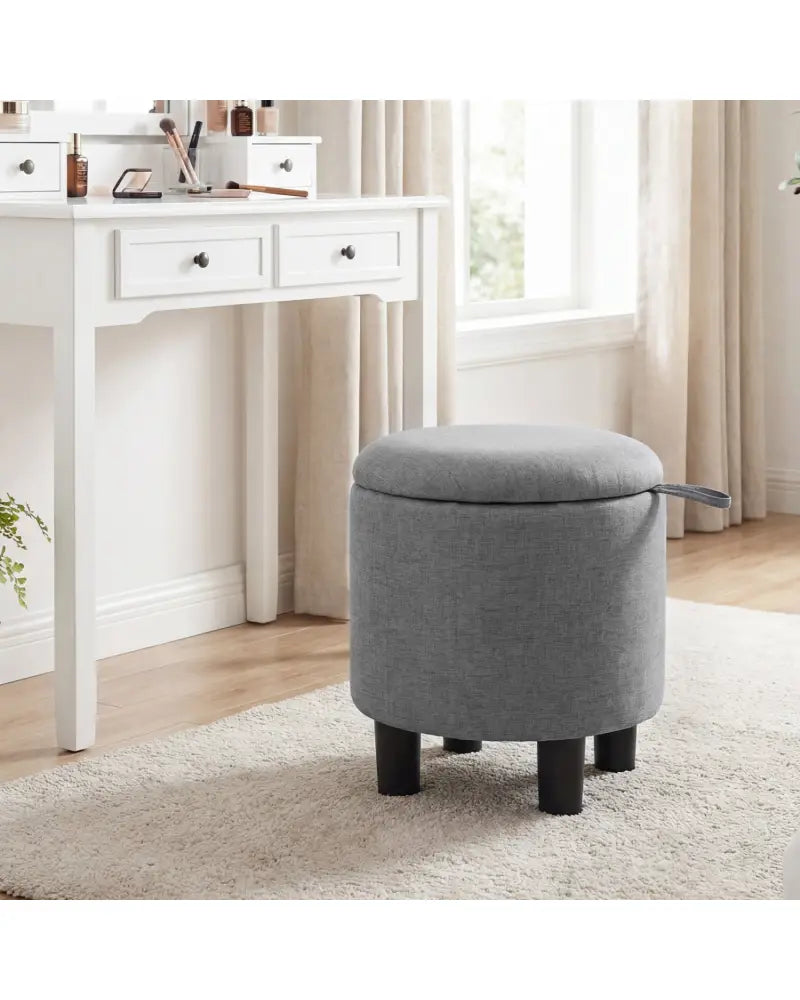 Round Storage Ottoman Linen Fabric Upholstered Footrest Stool-Gray - Gray - Ottomans