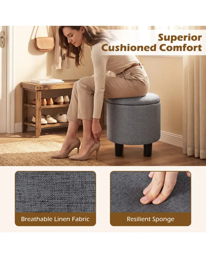 Round Storage Ottoman Linen Fabric Upholstered Footrest Stool-Gray - Gray - Ottomans