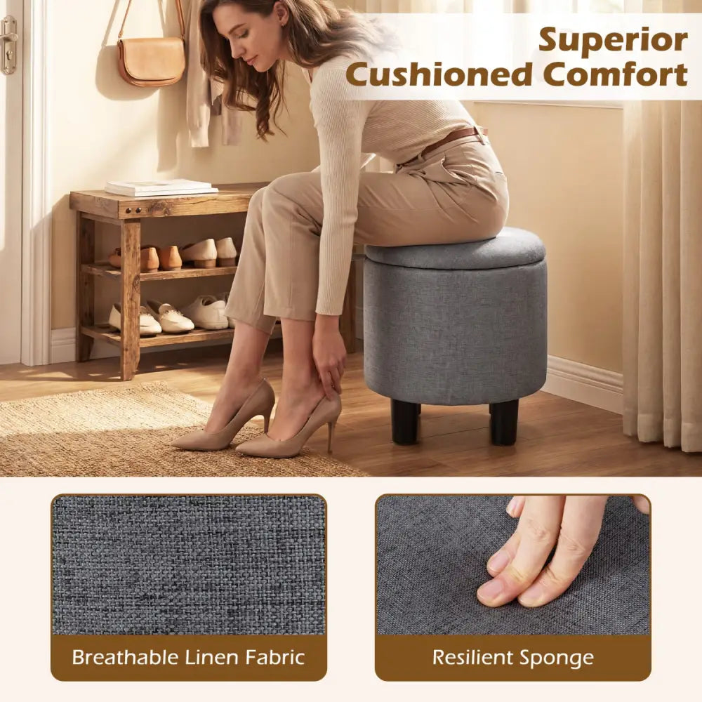 Round Storage Ottoman Linen Fabric Upholstered Footrest Stool-Gray - Gray - Ottomans