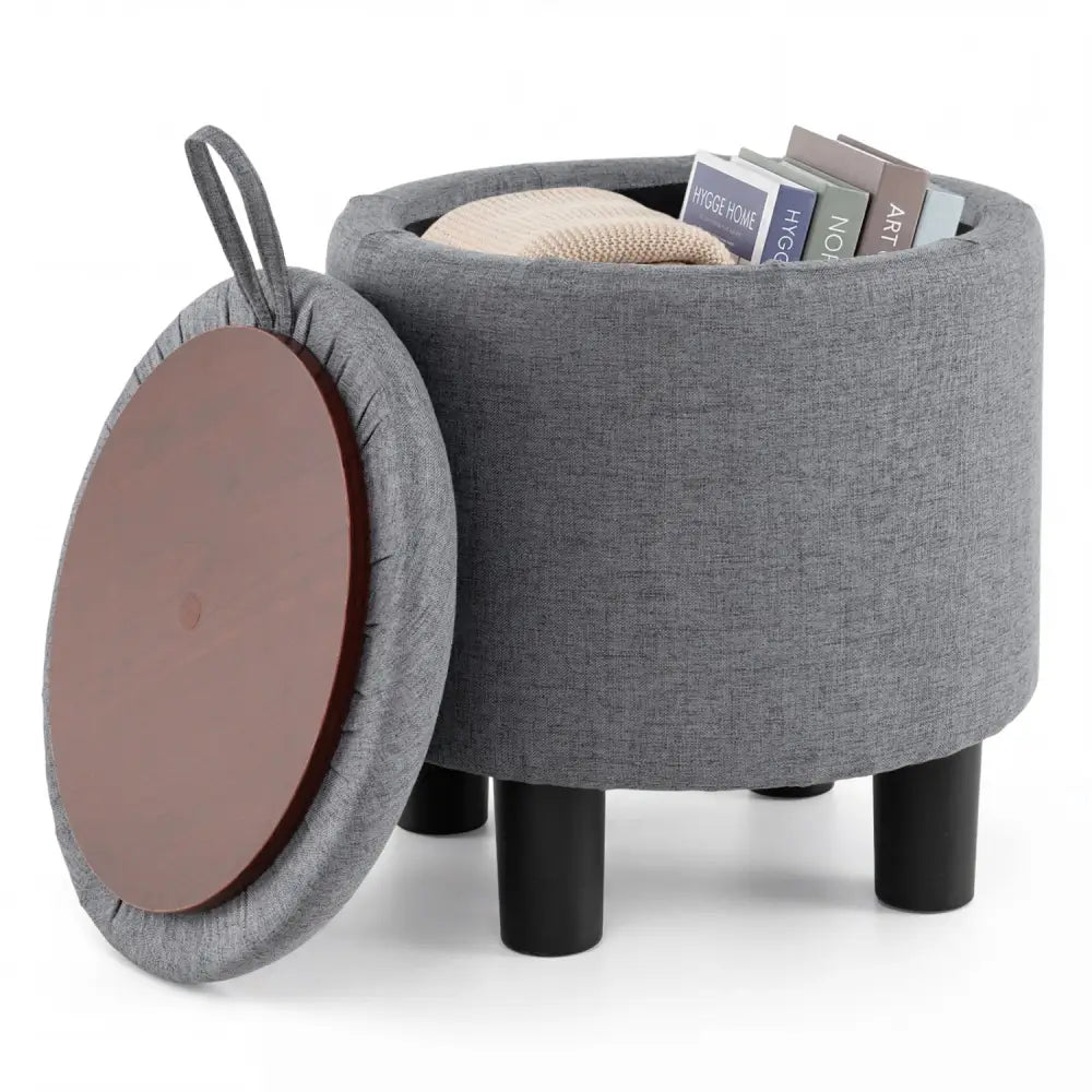 Round Storage Ottoman Linen Fabric Upholstered Footrest Stool-Gray - Gray - Ottomans