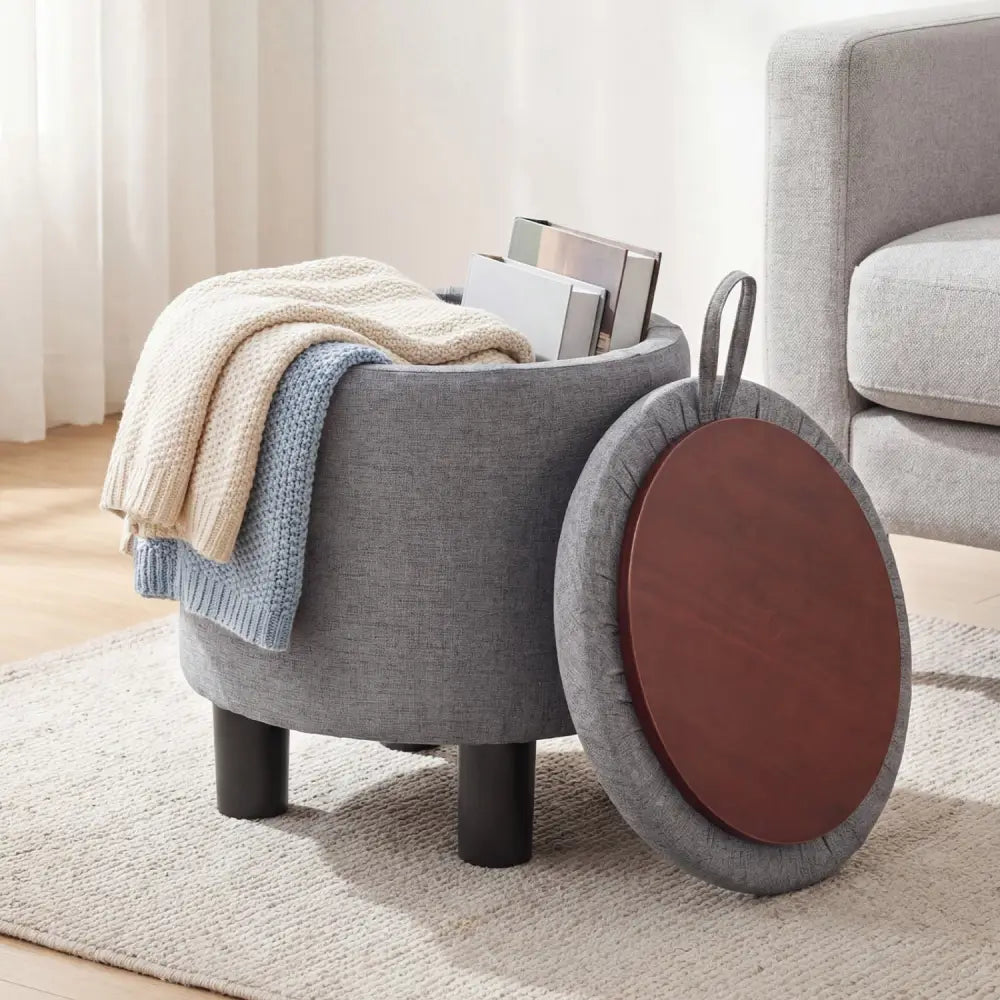 Round Storage Ottoman Linen Fabric Upholstered Footrest Stool-Gray - Gray - Ottomans