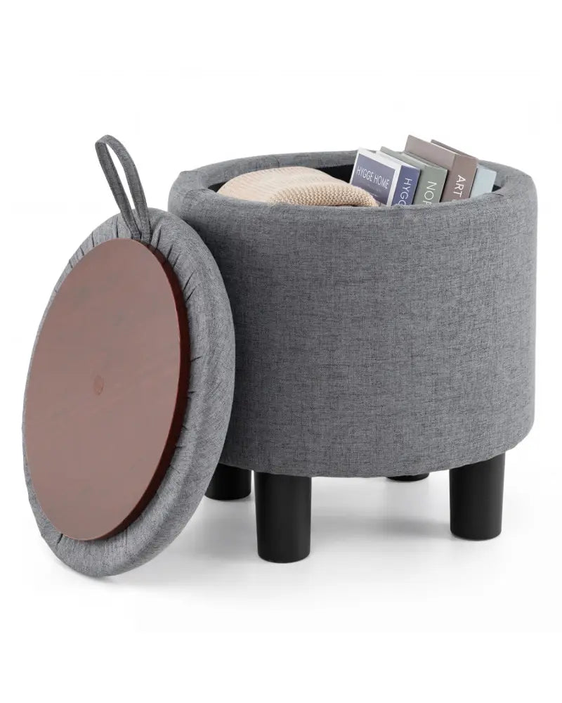 Round Storage Ottoman Linen Fabric Upholstered Footrest Stool-Gray - Gray - Ottomans