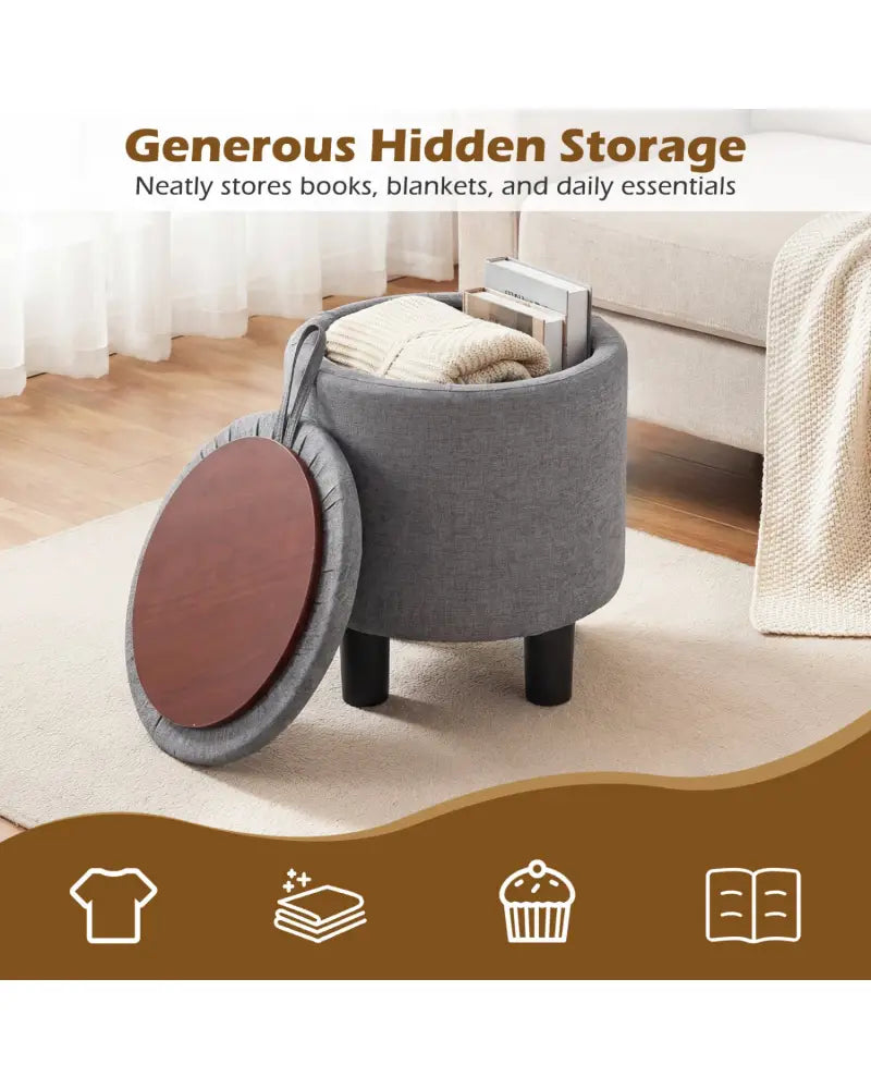 Round Storage Ottoman Linen Fabric Upholstered Footrest Stool-Gray - Gray - Ottomans