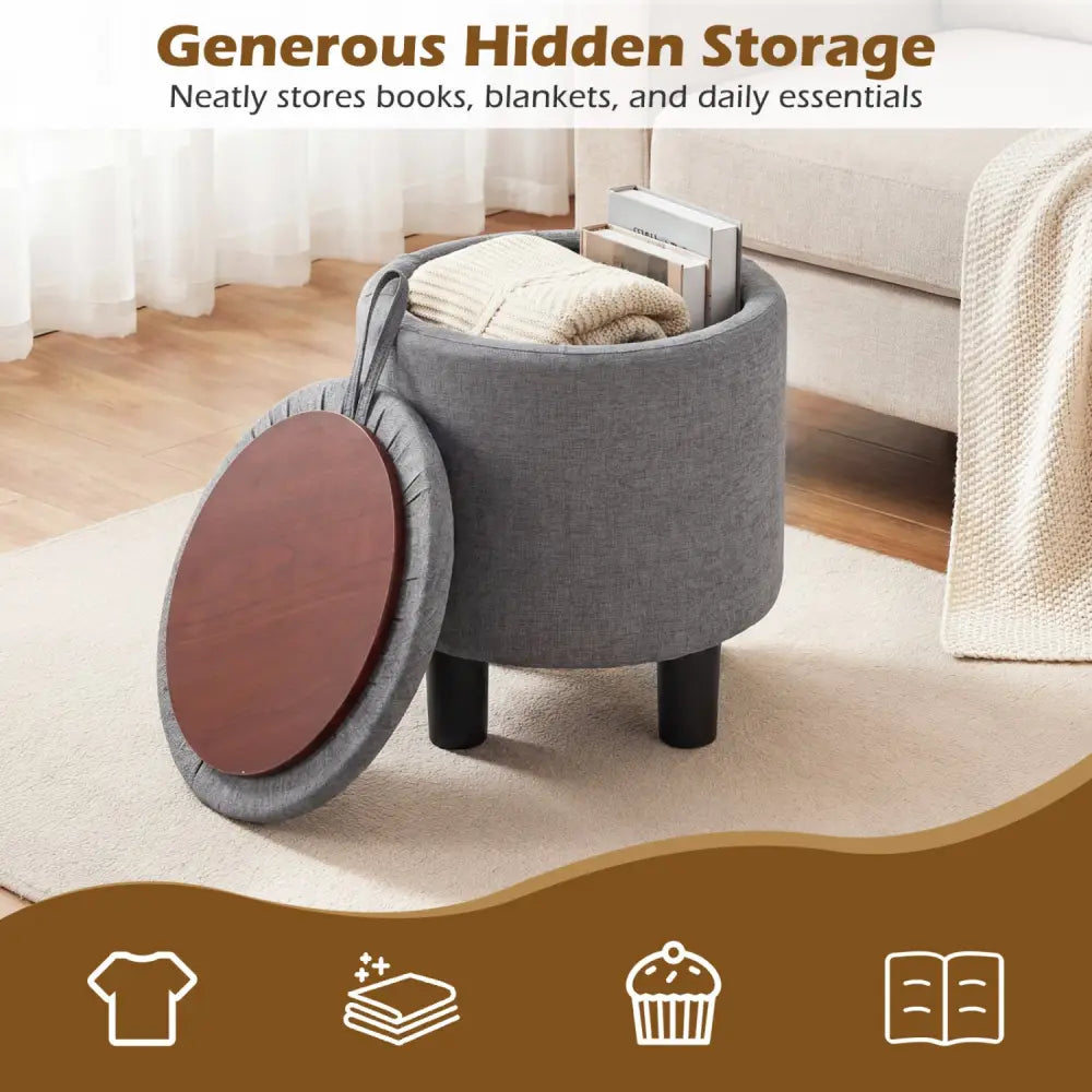 Round Storage Ottoman Linen Fabric Upholstered Footrest Stool-Gray - Gray - Ottomans