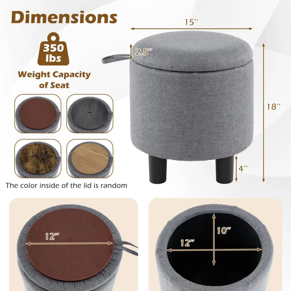 Round Storage Ottoman Linen Fabric Upholstered Footrest Stool-Gray - Gray - Ottomans
