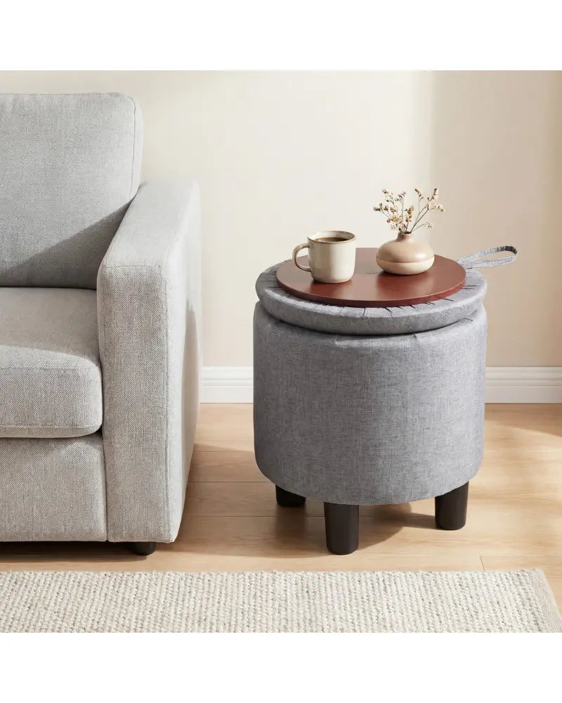 Round Storage Ottoman Linen Fabric Upholstered Footrest Stool-Gray - Gray - Ottomans