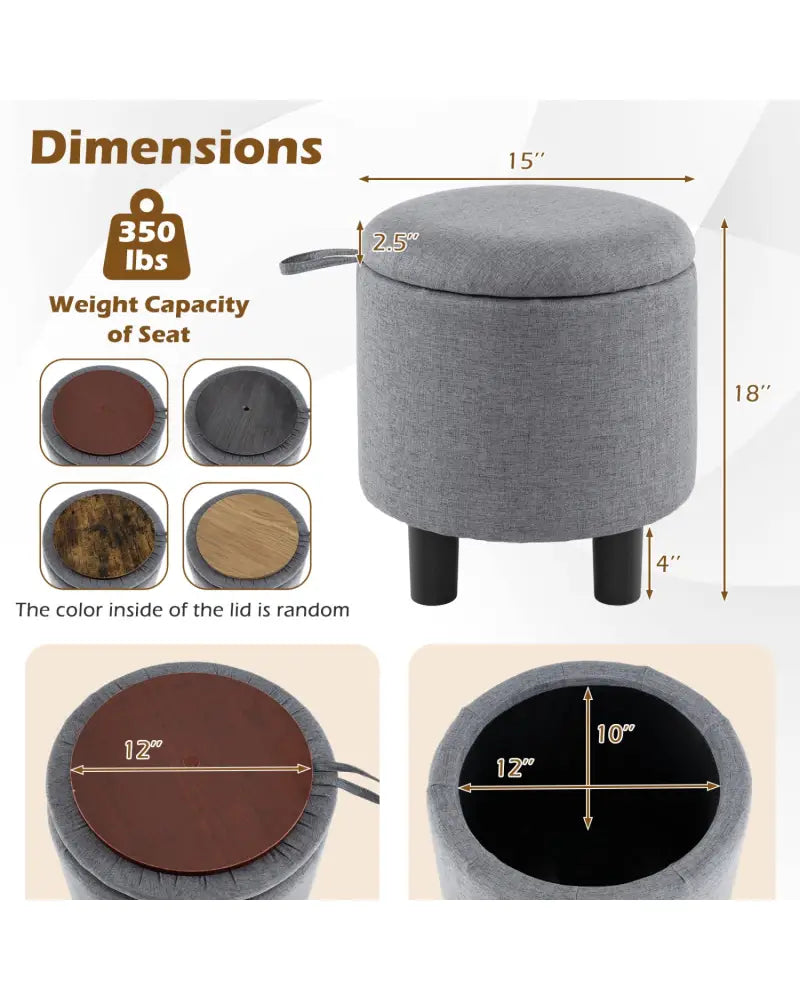 Round Storage Ottoman Linen Fabric Upholstered Footrest Stool-Gray - Gray - Ottomans