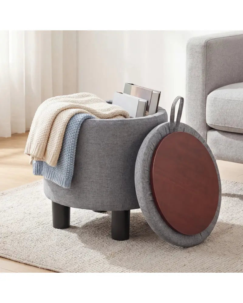 Round Storage Ottoman Linen Fabric Upholstered Footrest Stool-Gray - Gray - Ottomans