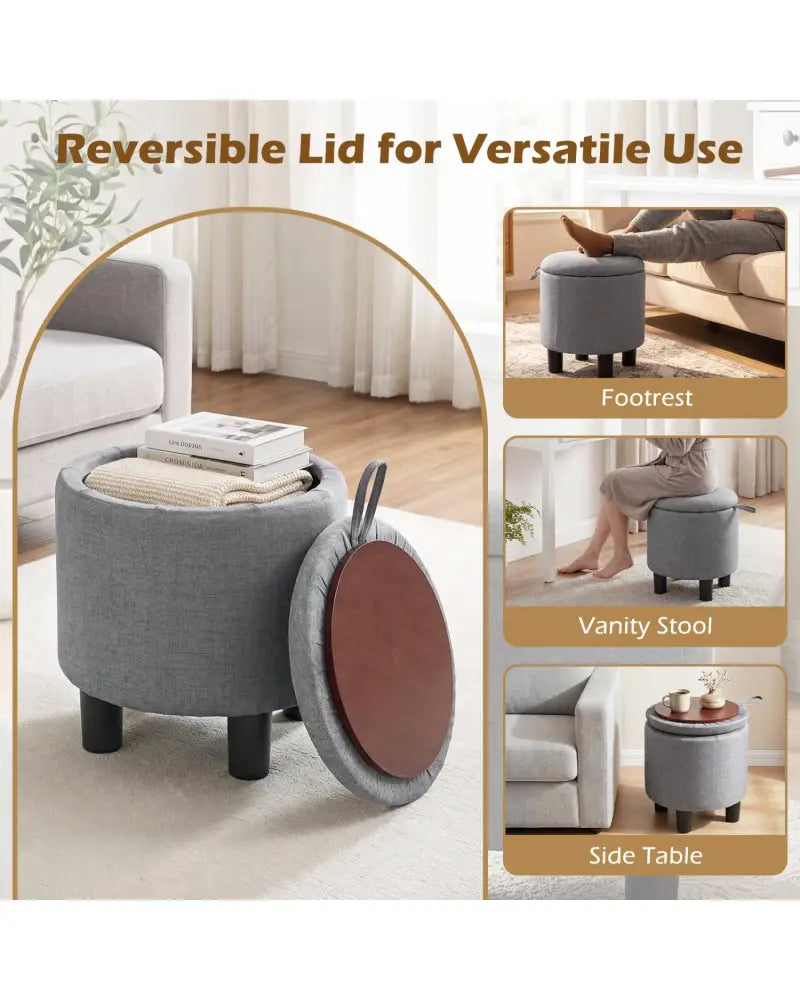 Round Storage Ottoman Linen Fabric Upholstered Footrest Stool-Gray - Gray - Ottomans