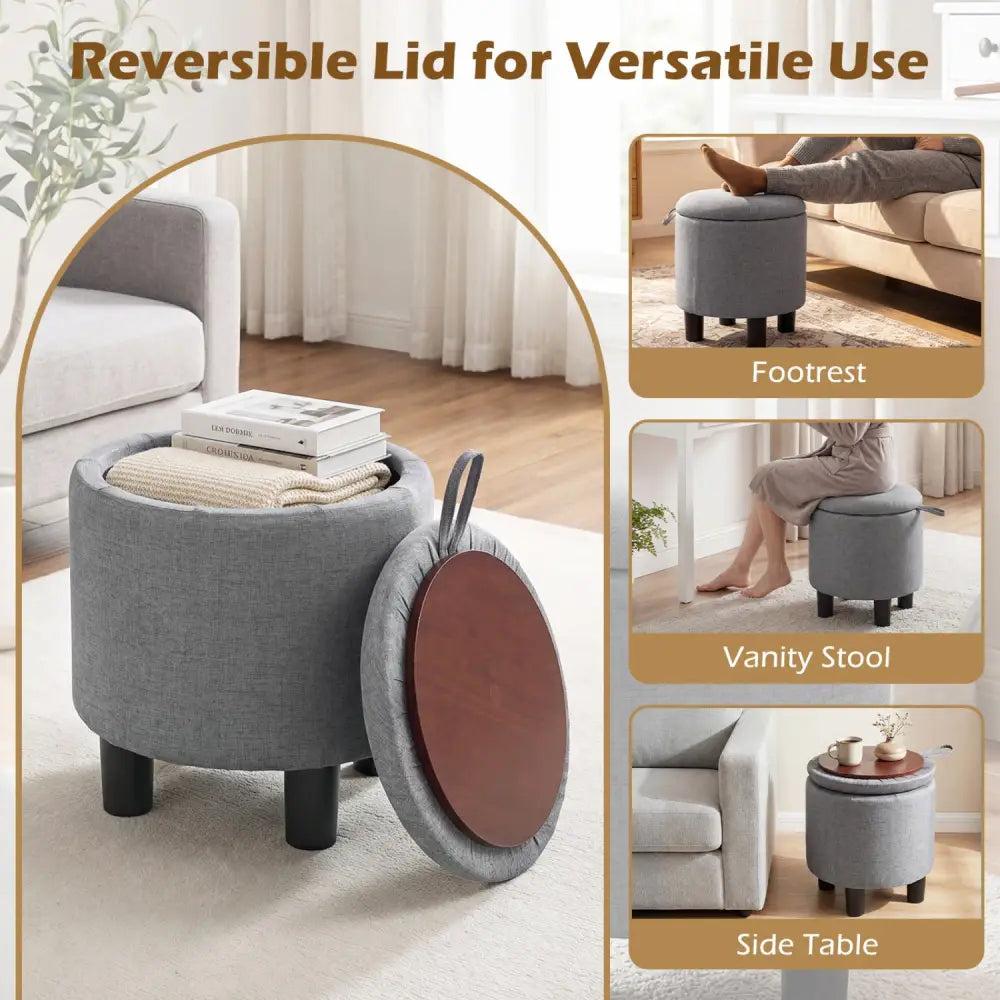 Round Storage Ottoman Linen Fabric Upholstered Footrest Stool-Gray - Gray - Ottomans