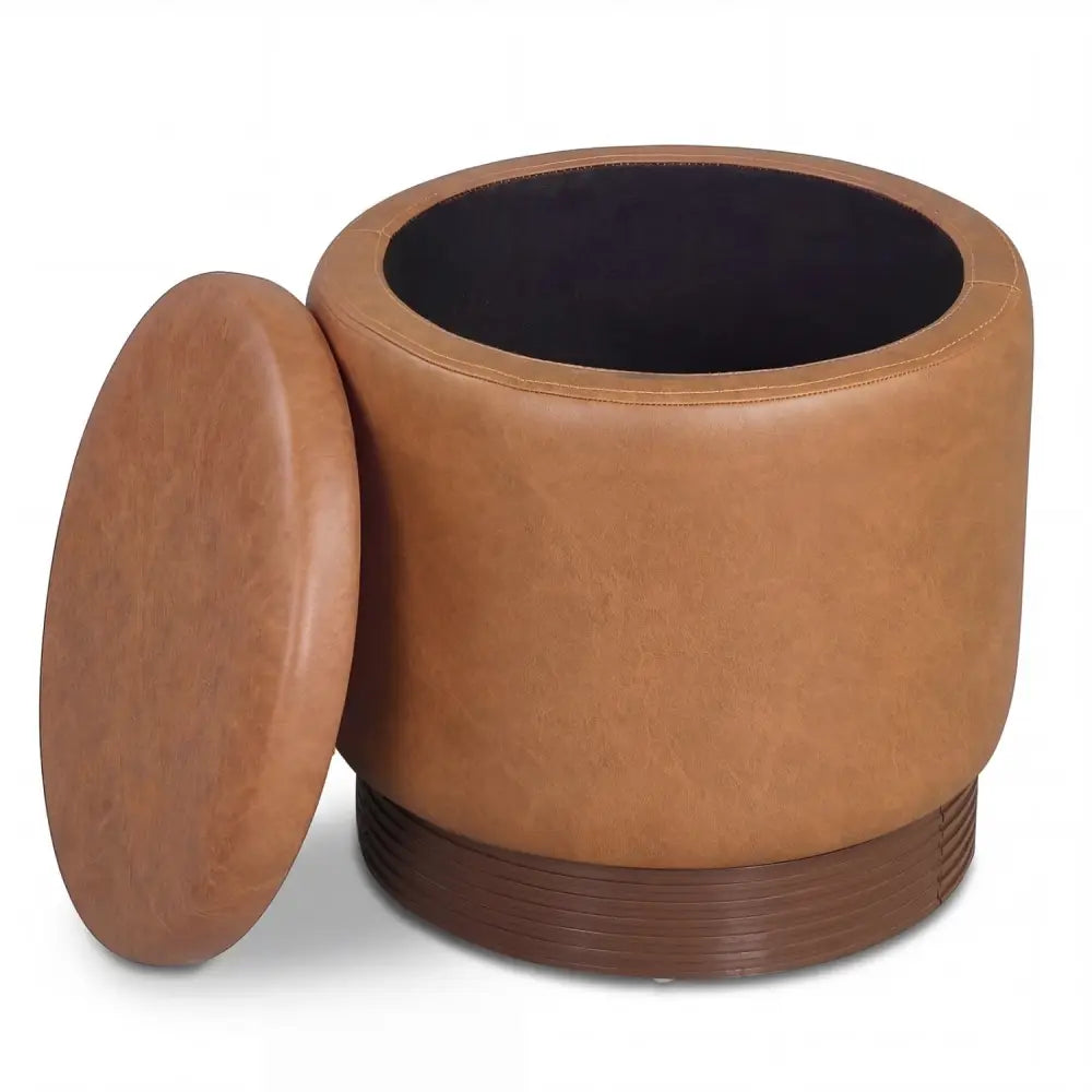 Round Storage Ottoman with Acacia Wood Frame for Living Room and Bedroom-Brown - Brown - Ottomans