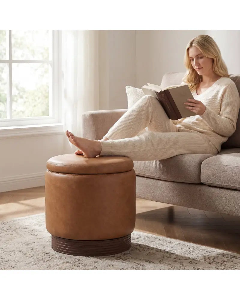Round Storage Ottoman with Acacia Wood Frame for Living Room and Bedroom-Brown - Brown - Ottomans