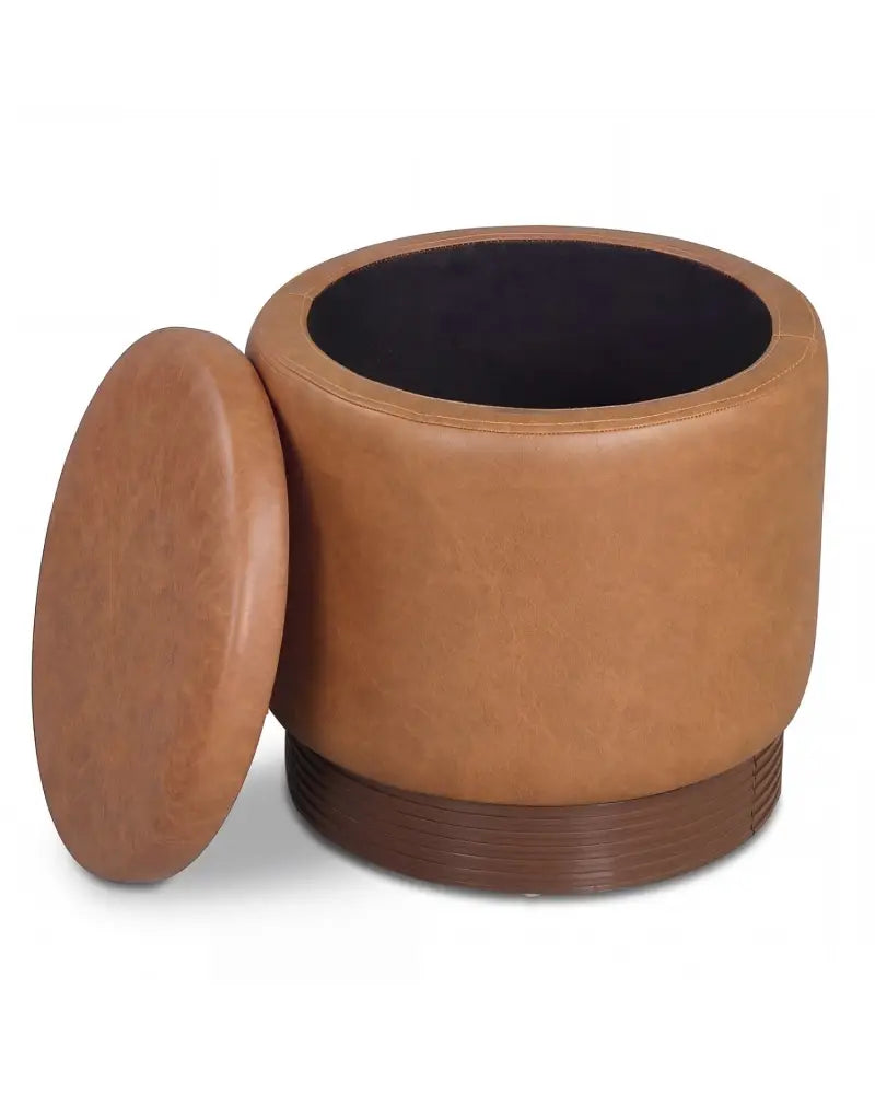 Round Storage Ottoman with Acacia Wood Frame for Living Room and Bedroom-Brown - Brown - Ottomans