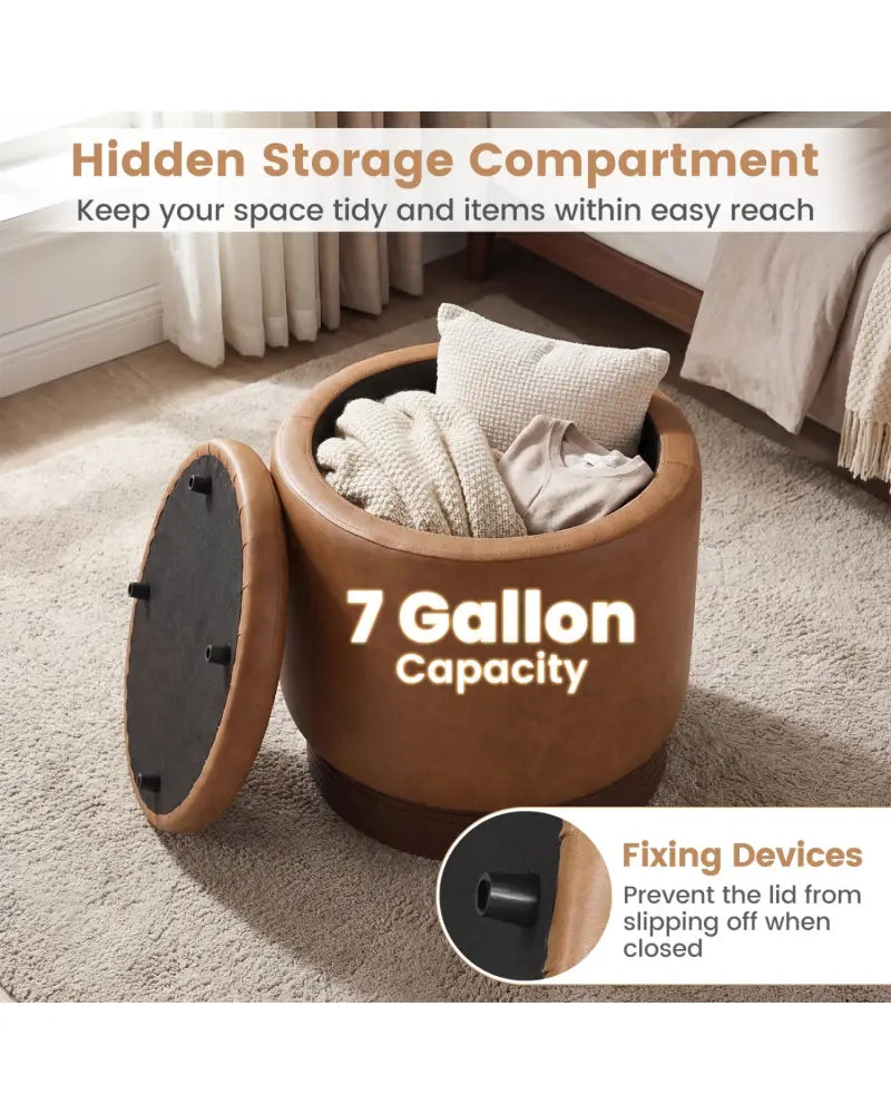 Round Storage Ottoman with Acacia Wood Frame for Living Room and Bedroom-Brown - Brown - Ottomans