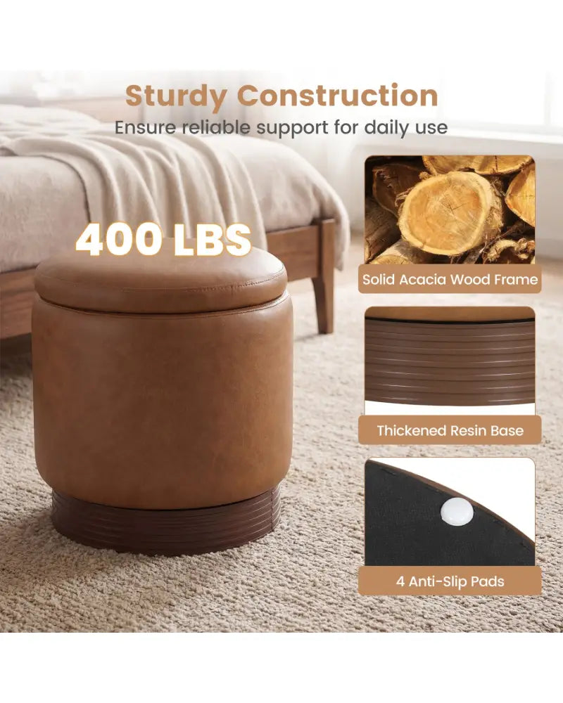 Round Storage Ottoman with Acacia Wood Frame for Living Room and Bedroom-Brown - Brown - Ottomans