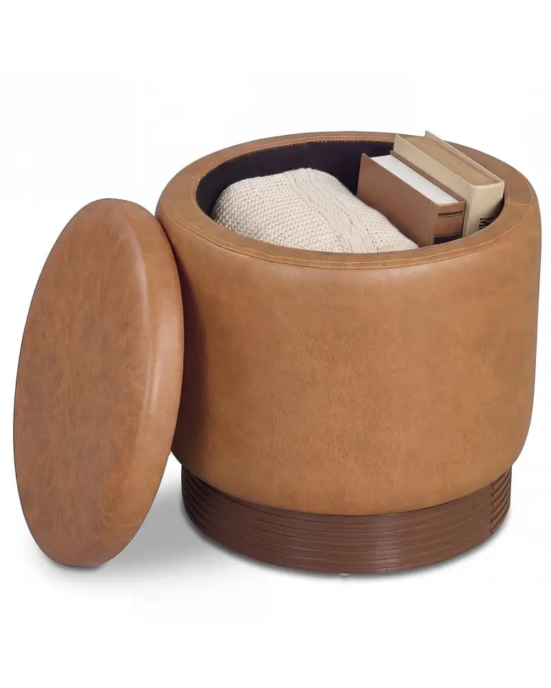 Round Storage Ottoman with Acacia Wood Frame for Living Room and Bedroom-Brown - Brown - Ottomans