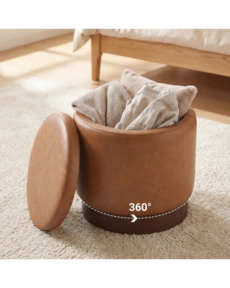 Round Storage Ottoman with Acacia Wood Frame for Living Room and Bedroom-Brown - Brown - Ottomans