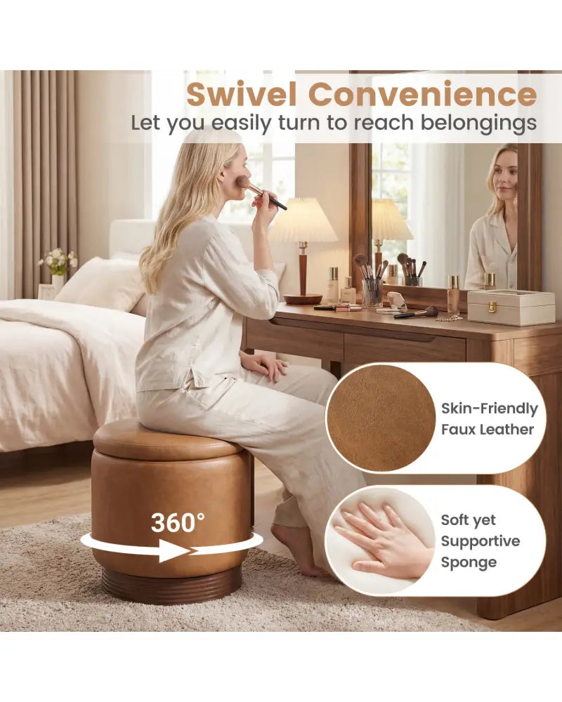 Round Storage Ottoman with Acacia Wood Frame for Living Room and Bedroom-Brown - Brown - Ottomans