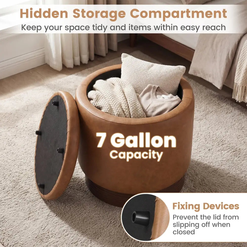 Round Storage Ottoman with Acacia Wood Frame for Living Room and Bedroom-Brown - Brown - Ottomans