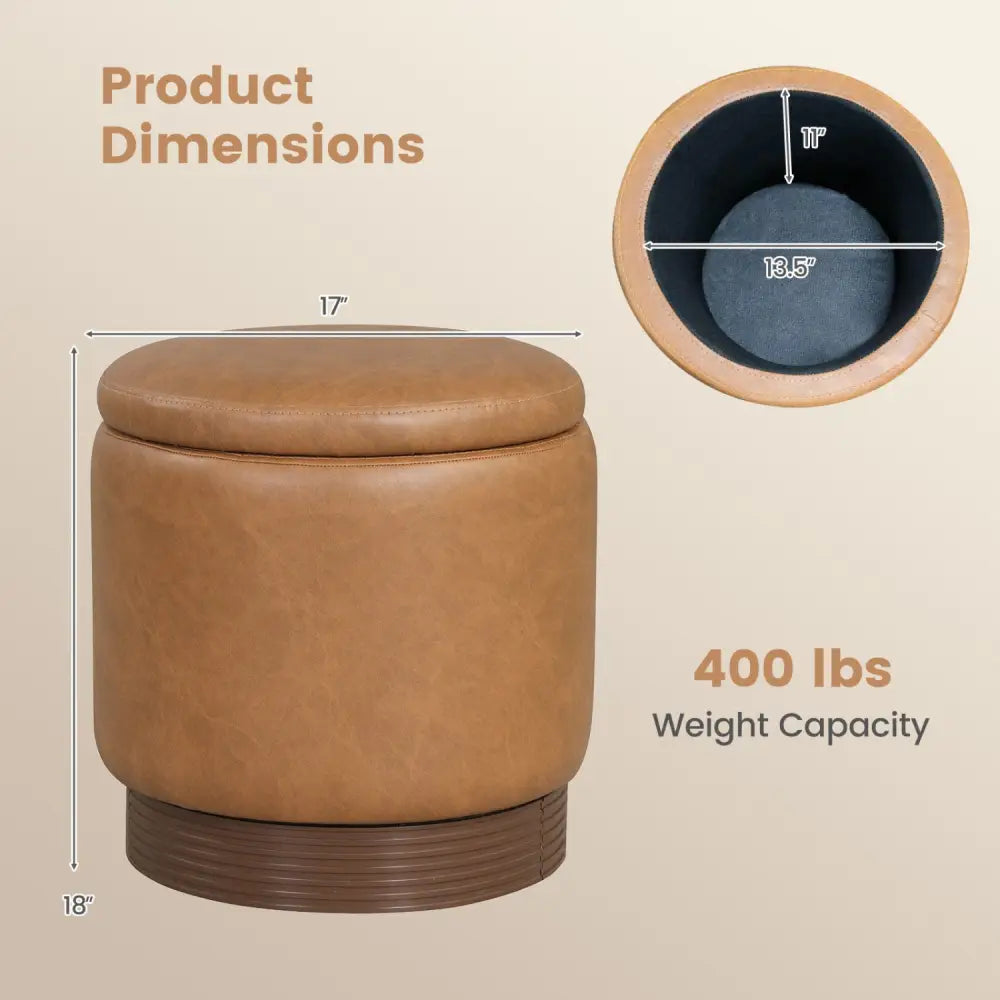 Round Storage Ottoman with Acacia Wood Frame for Living Room and Bedroom-Brown - Brown - Ottomans