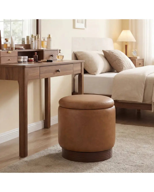 Round Storage Ottoman with Acacia Wood Frame for Living Room and Bedroom-Brown - Brown - Ottomans