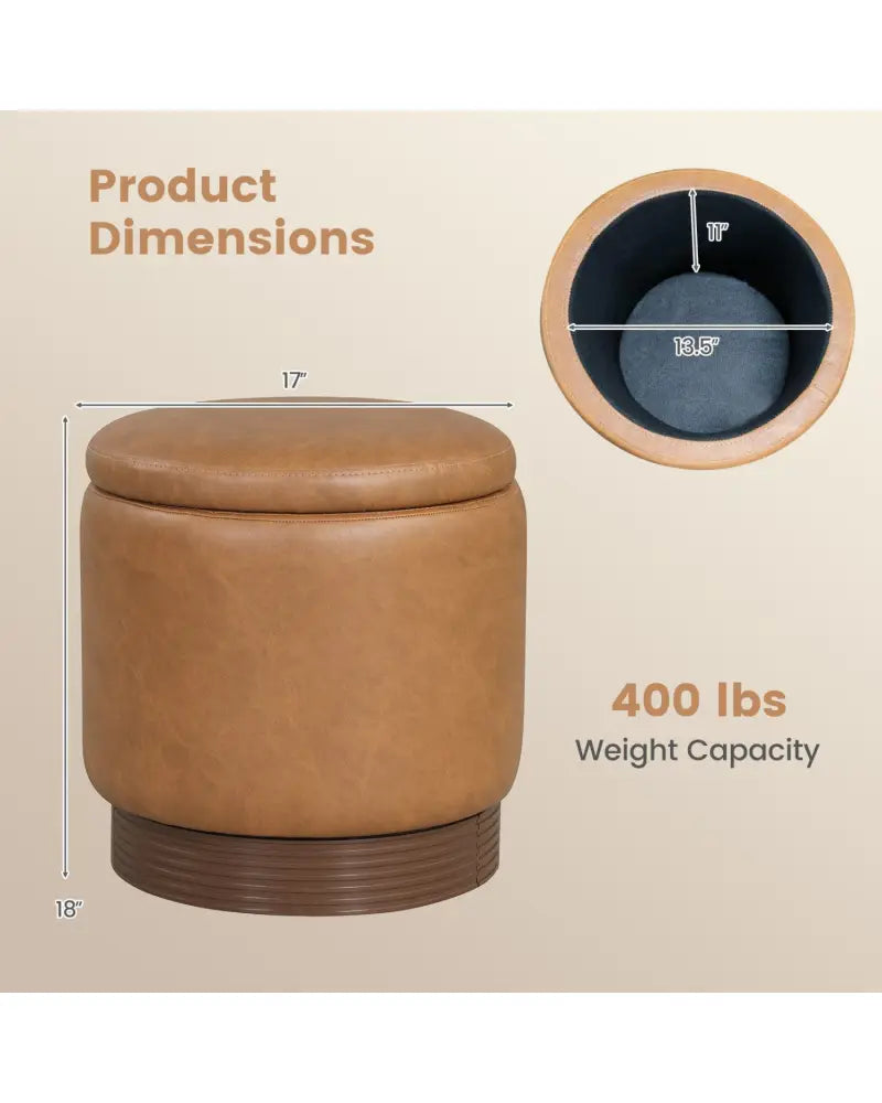 Round Storage Ottoman with Acacia Wood Frame for Living Room and Bedroom-Brown - Brown - Ottomans