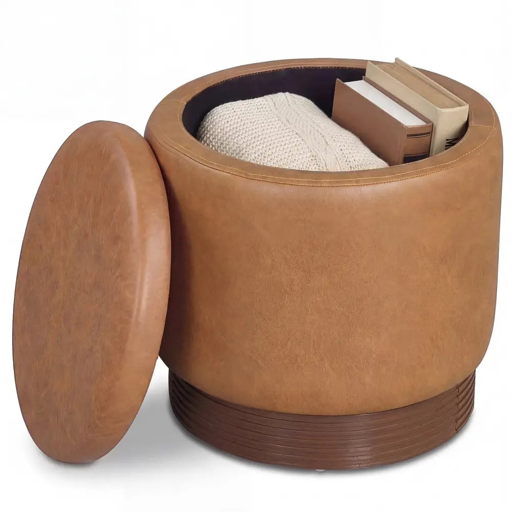 Round Storage Ottoman with Acacia Wood Frame for Living Room and Bedroom-Brown - Brown - Ottomans