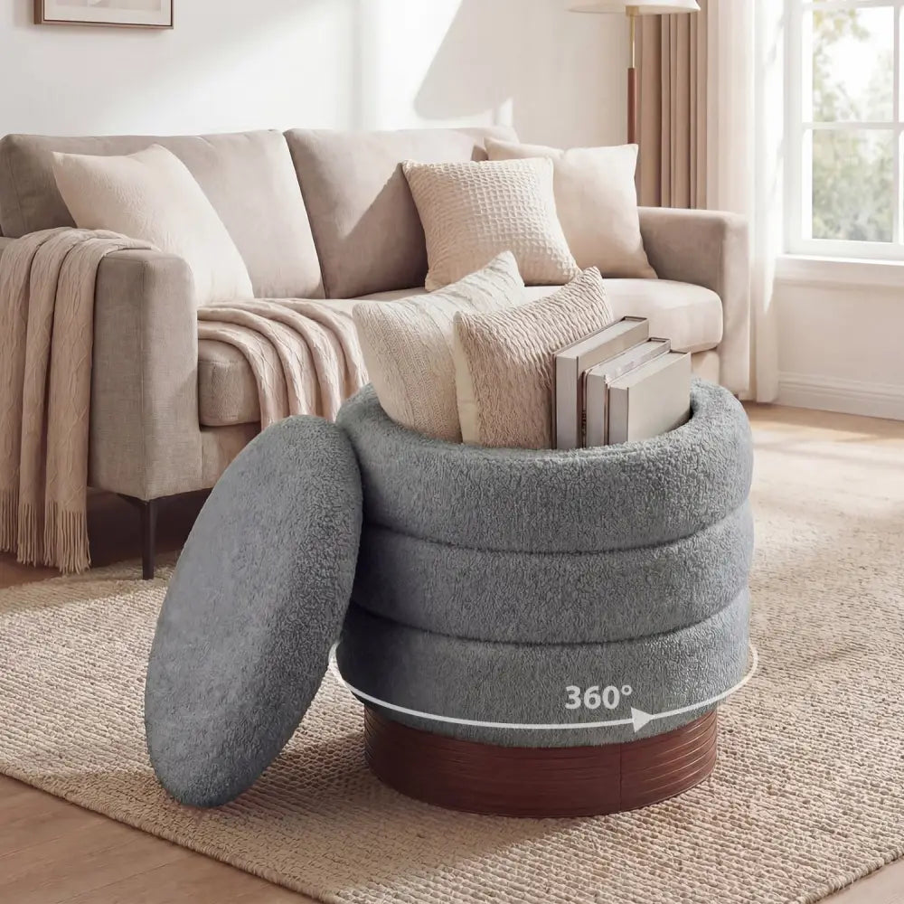 Round Storage Ottoman with Acacia Wood Frame for Living Room-Gray - Gray - Ottomans