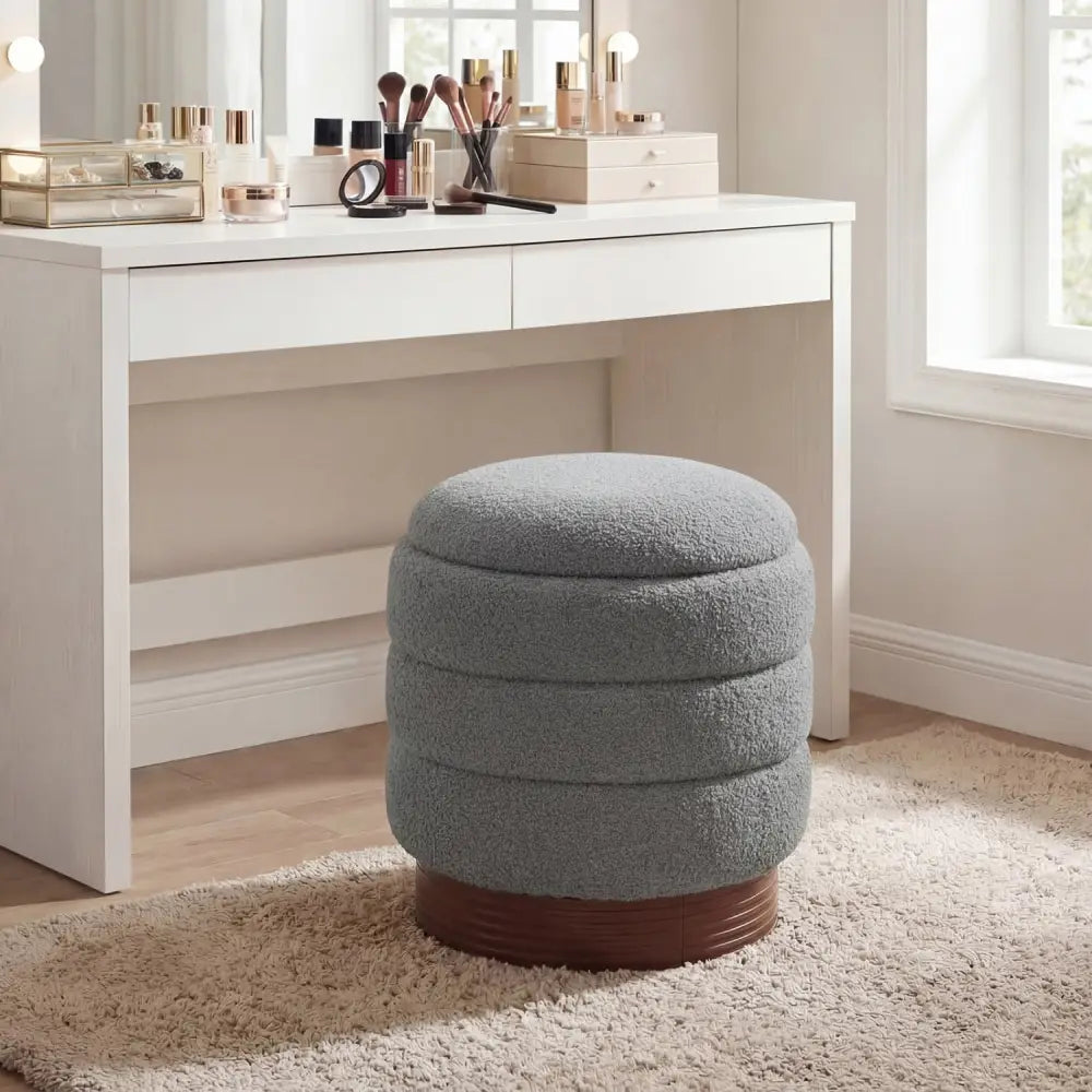 Round Storage Ottoman with Acacia Wood Frame for Living Room-Gray - Gray - Ottomans