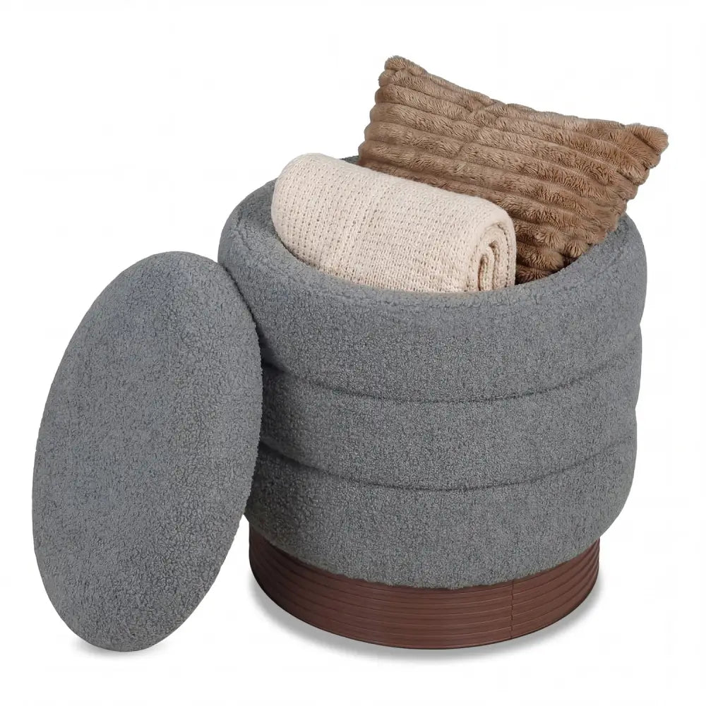 Round Storage Ottoman with Acacia Wood Frame for Living Room-Gray - Gray - Ottomans