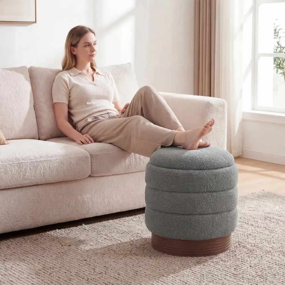 Round Storage Ottoman with Acacia Wood Frame for Living Room-Gray - Gray - Ottomans