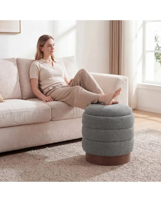 Round Storage Ottoman with Acacia Wood Frame for Living Room-Gray - Gray - Ottomans