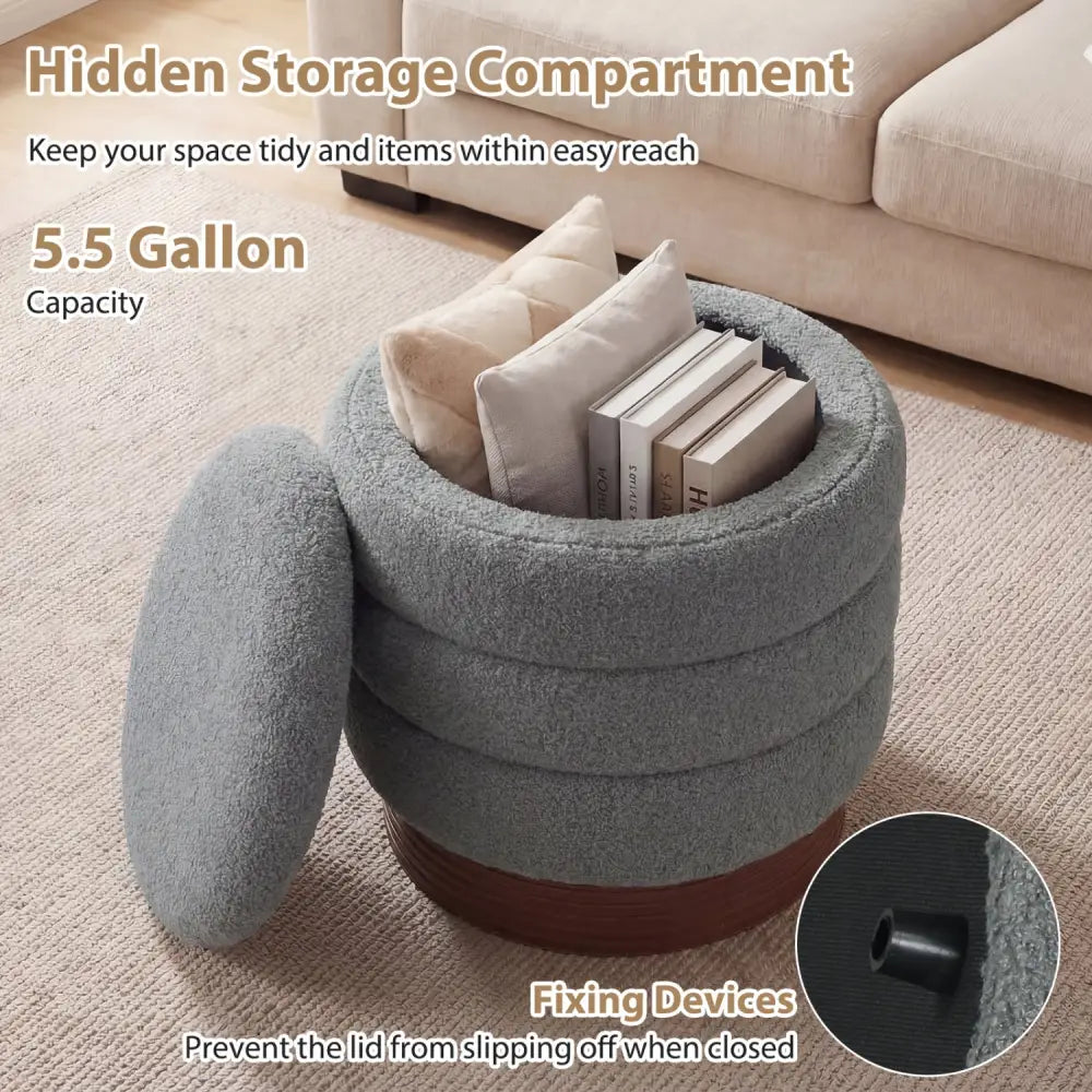 Round Storage Ottoman with Acacia Wood Frame for Living Room-Gray - Gray - Ottomans
