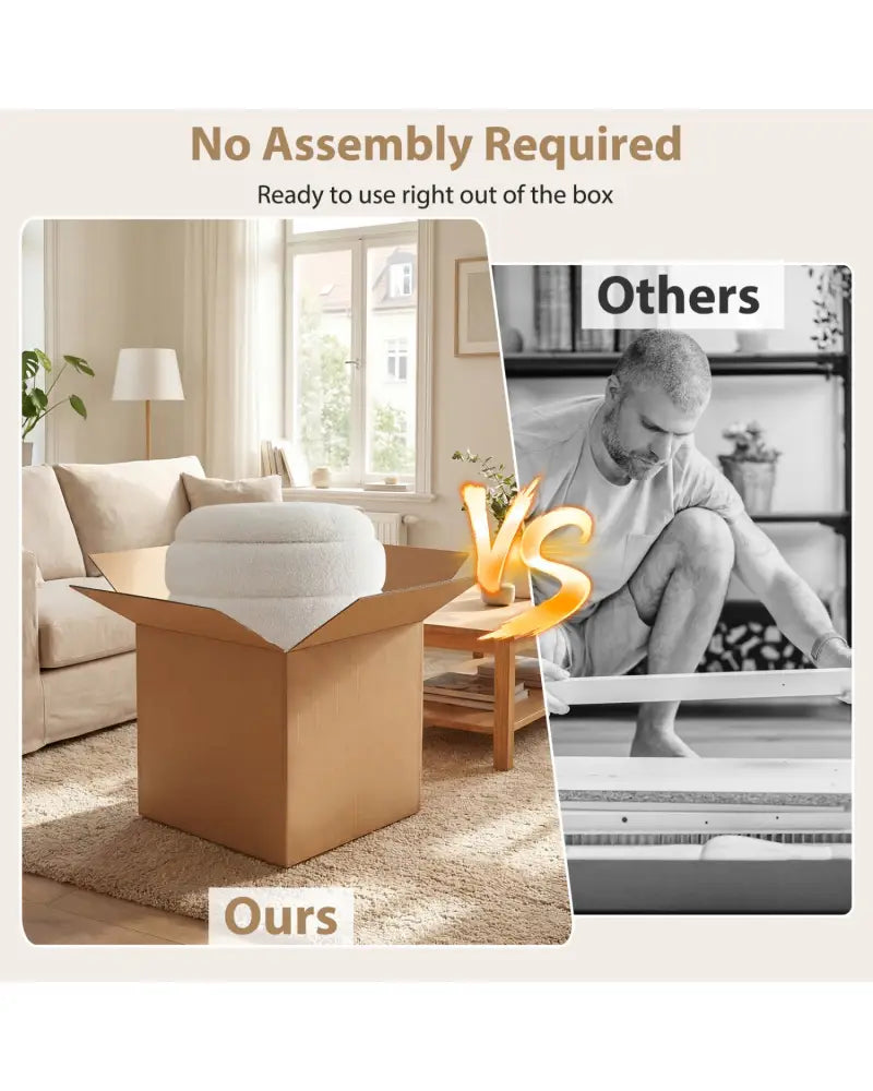 Round Storage Ottoman with Acacia Wood Frame for Living Room-White - White - Ottomans