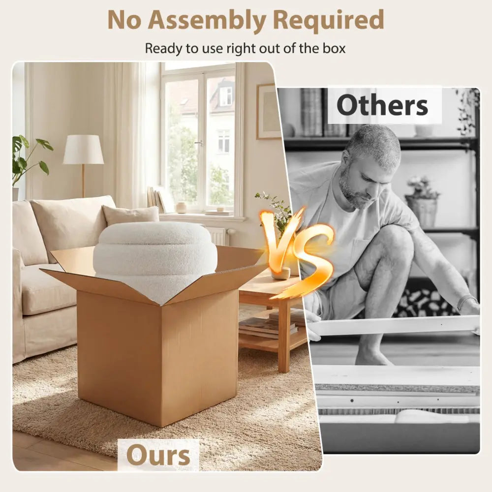 Round Storage Ottoman with Acacia Wood Frame for Living Room-White - White - Ottomans