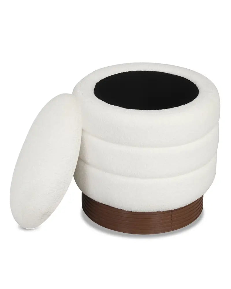 Round Storage Ottoman with Acacia Wood Frame for Living Room-White - White - Ottomans