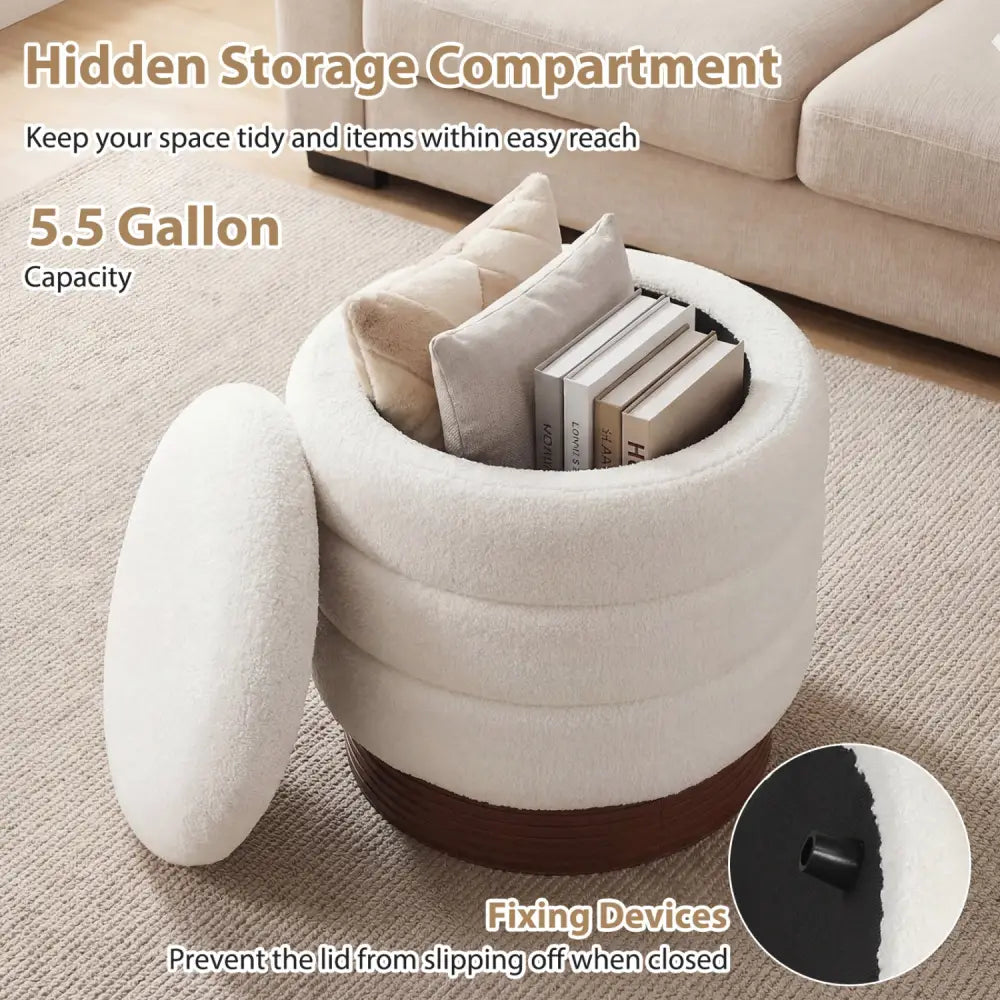 Round Storage Ottoman with Acacia Wood Frame for Living Room-White - White - Ottomans