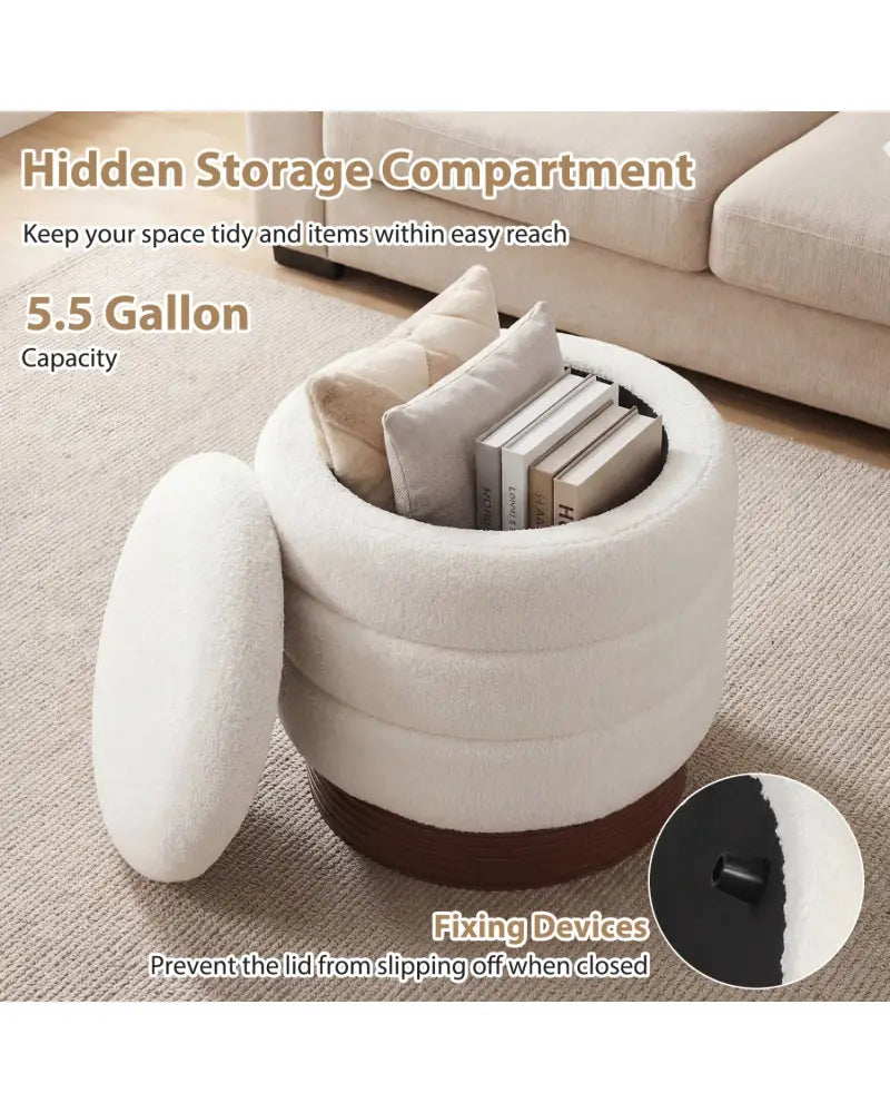 Round Storage Ottoman with Acacia Wood Frame for Living Room-White - White - Ottomans