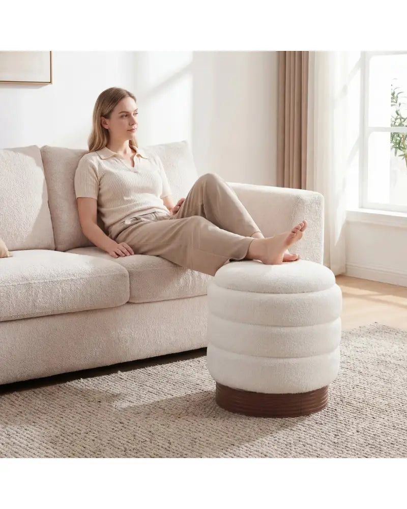 Round Storage Ottoman with Acacia Wood Frame for Living Room-White - White - Ottomans