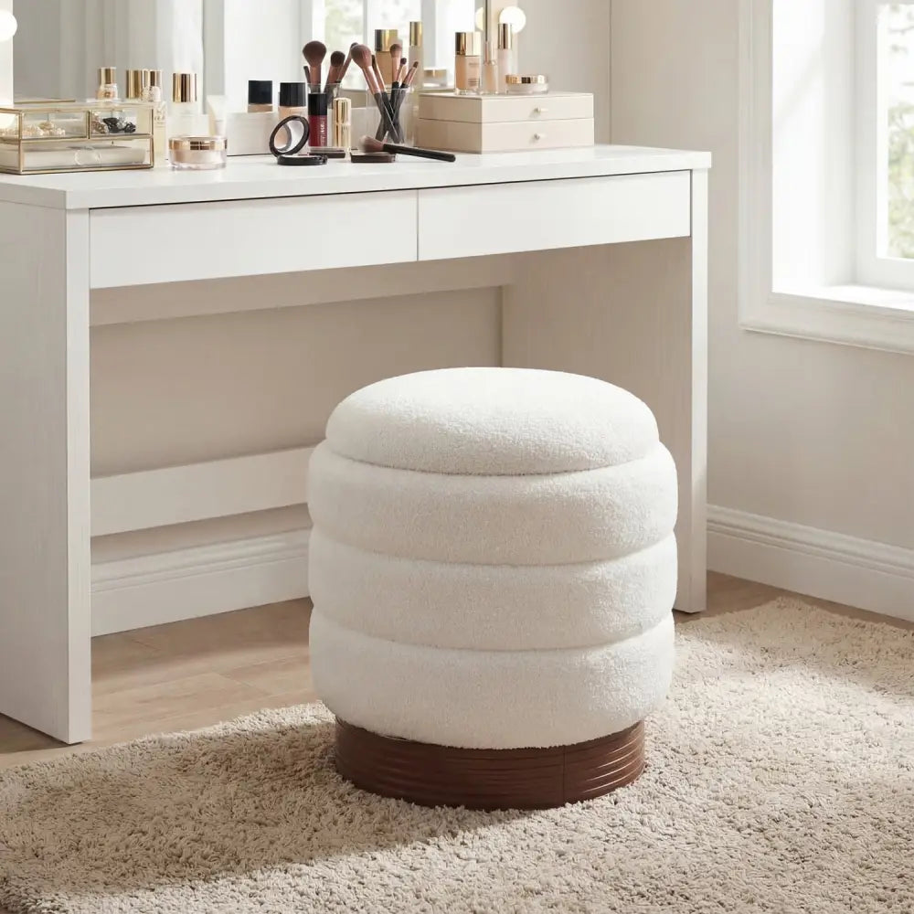 Round Storage Ottoman with Acacia Wood Frame for Living Room-White - White - Ottomans