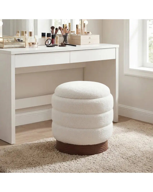 Round Storage Ottoman with Acacia Wood Frame for Living Room-White - White - Ottomans