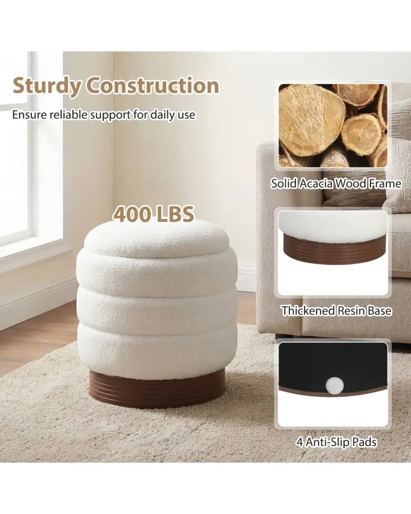Round Storage Ottoman with Acacia Wood Frame for Living Room-White - White - Ottomans