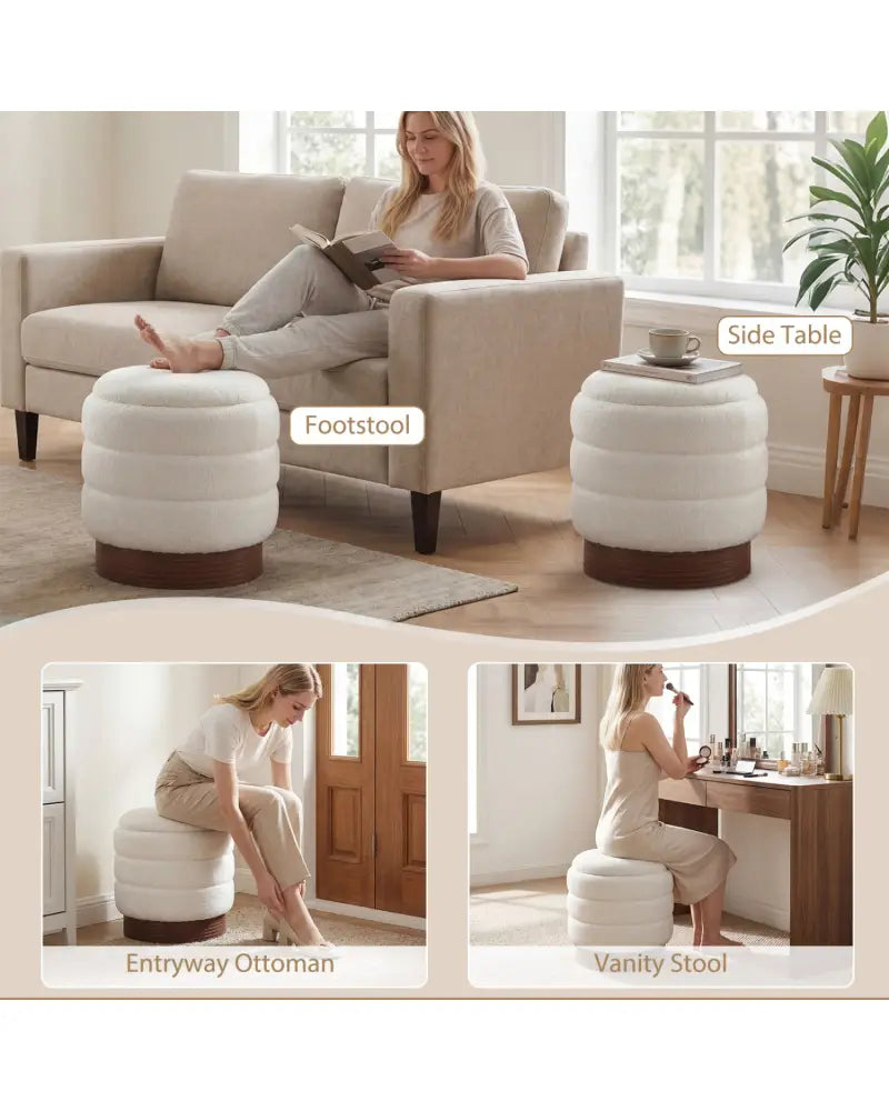 Round Storage Ottoman with Acacia Wood Frame for Living Room-White - White - Ottomans