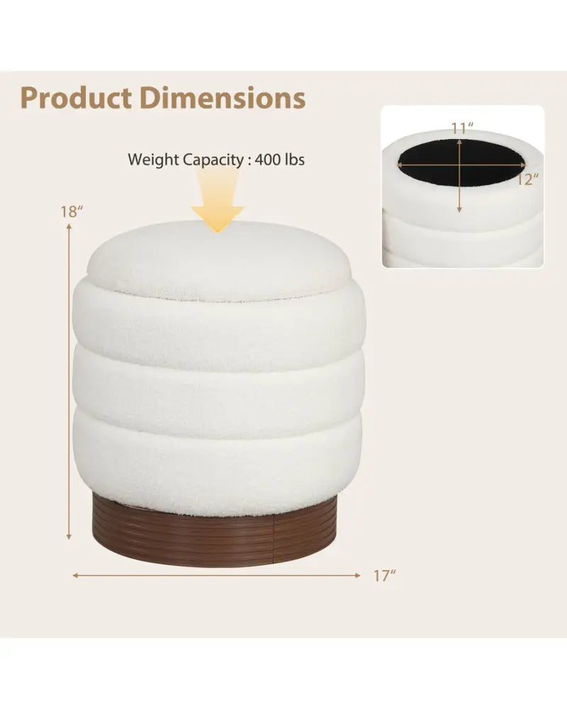 Round Storage Ottoman with Acacia Wood Frame for Living Room-White - White - Ottomans