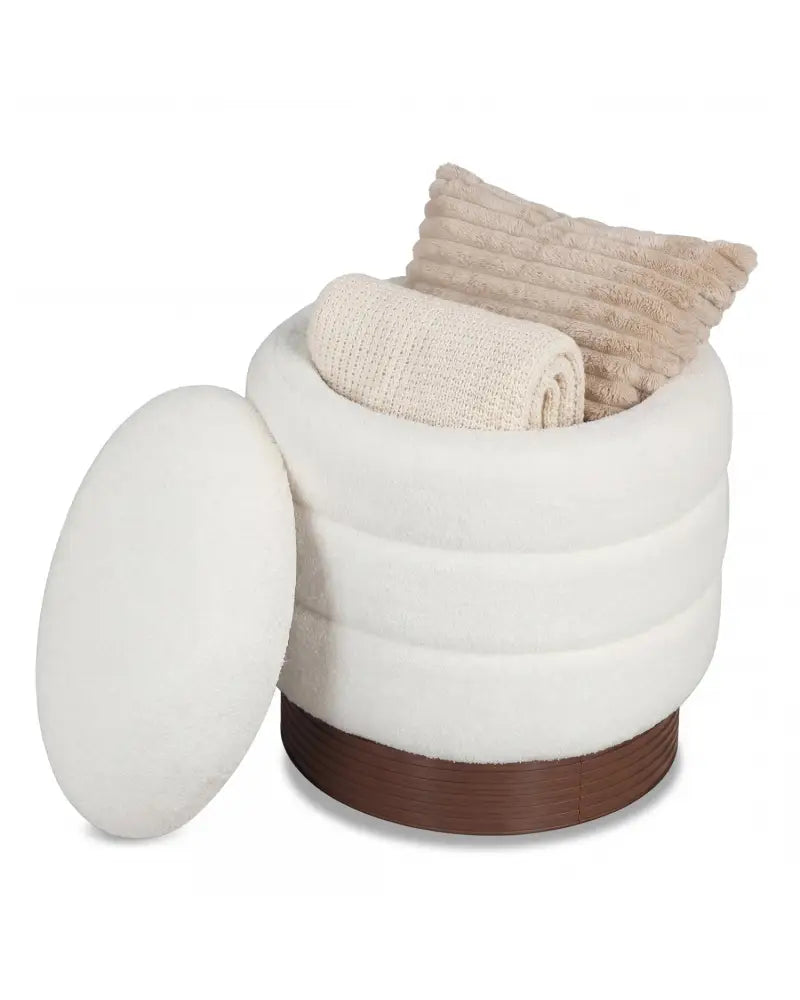 Round Storage Ottoman with Acacia Wood Frame for Living Room-White - White - Ottomans