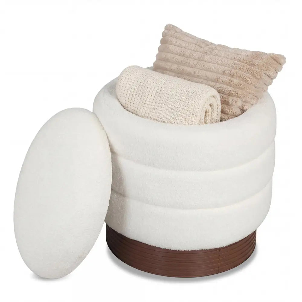 Round Storage Ottoman with Acacia Wood Frame for Living Room-White - White - Ottomans