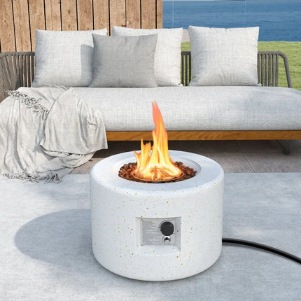 Round Terrazzo Propane Gas Fire Pit Protective PVC Cover Lava Rocks Included - White - Fire Pit Tables