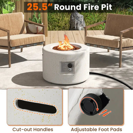 Round Terrazzo Propane Gas Fire Pit Protective PVC Cover Lava Rocks Included - White - Fire Pit Tables