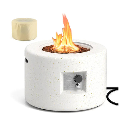 Round Terrazzo Propane Gas Fire Pit Protective PVC Cover Lava Rocks Included - White - Fire Pit Tables